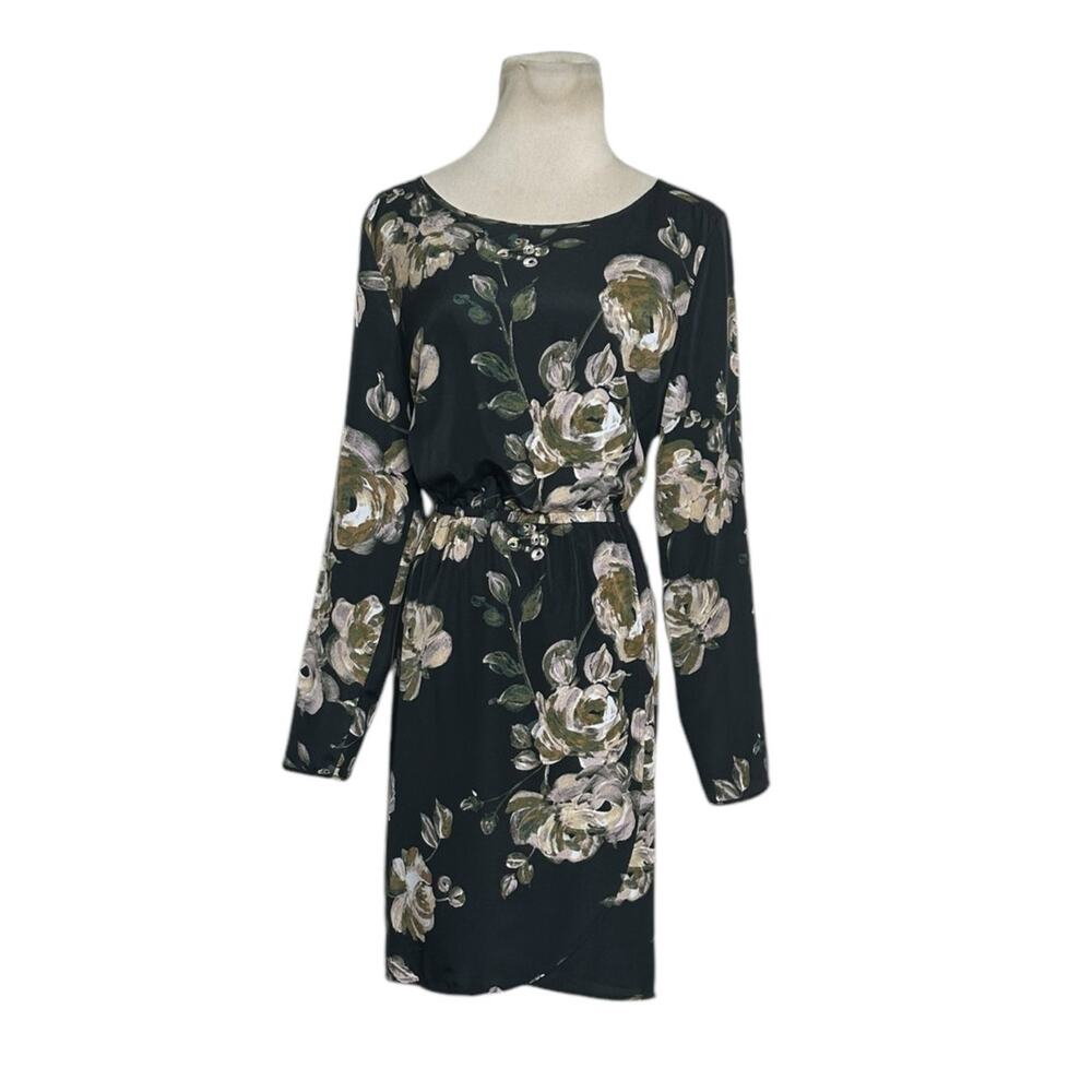 J. Crew black cream green floral long sleeves mini dress size 8